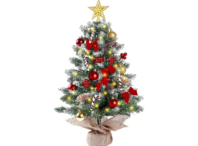 Sggvecsy 23.6’’ Mini Snow Frosted Tabletop Christmas Tree | DIY Lighted Artificial Xmas Tree